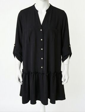 Emma & Michelle Shirt Dress Black Ruffle V-Neck Roll Tab Sleeves 2X